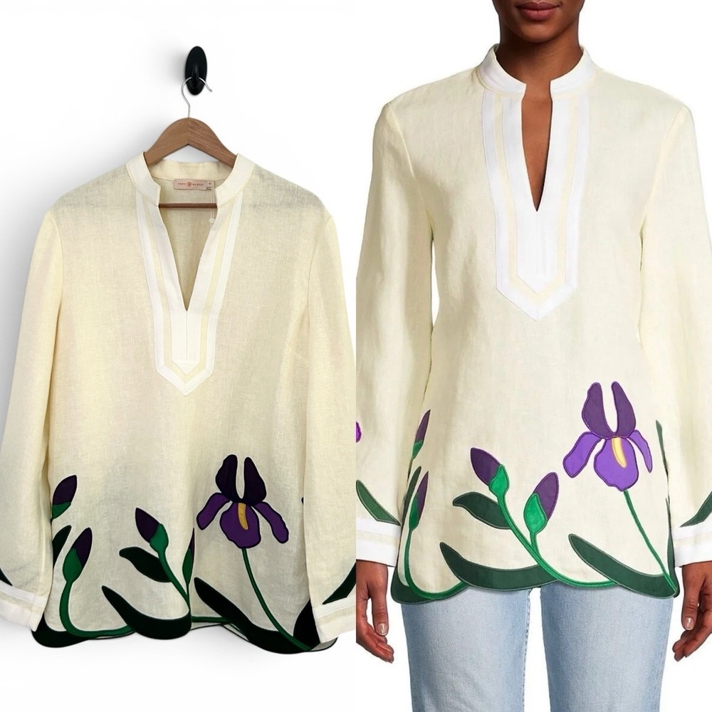 Tory Burch Women 16 Cream Ivory Multicolor 100% Linen Embroidered Tunic Top NWT